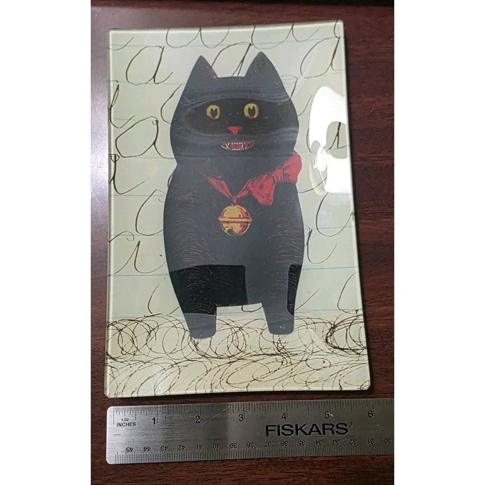 John Derian Decoupage Glass Tray Black Cat Red Bow Bell 6x9 Rectangle New York
